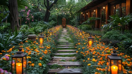 An enchanting garden pathway, lined with vibrant blooms and softly lit lanterns, leads guests to the heart of the birthday celebration. Each step is a journey into a world of beauty and enchantment.