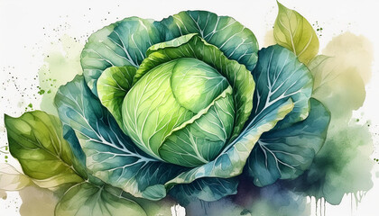 Obraz premium Watercolor illustration of fresh green cabbage. Healthy farm vegetable. Vegan, organic food.