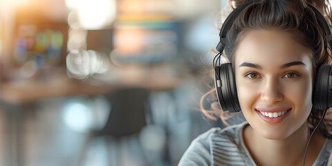 Naklejka premium Happy woman gamer wearing wireless headphones playing video games at internet cafe. Concept Woman in tech, Female gamers, Online gaming community, Wireless accessories, Internet cafes