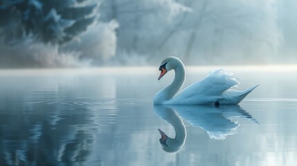 Fototapeta premium A graceful swan on a serene blue clean background
