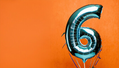 Number 6 silver balloon birthday celebration decoration on orange background. Anniversary greeting card with number six. space for your text or design