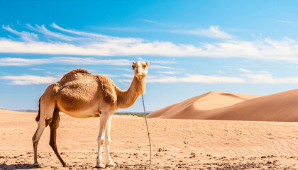 Camel standing in the middle of the desert. 
