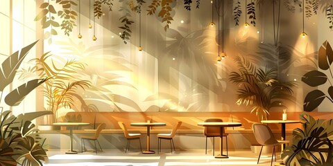 Anime-themed cafe background with plants for video game design or animation. Concept Anime-themed, Cafe Background, Plants, Video Game Design, Animation