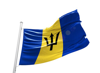 Barbados waving flag with mast on white background with cutout path.