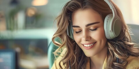 Fototapeta premium Joyful female gamer wearing wireless headphones gaming in internet cafe. Concept Gaming, Female Gamer, Wireless Headphones, Internet Cafe
