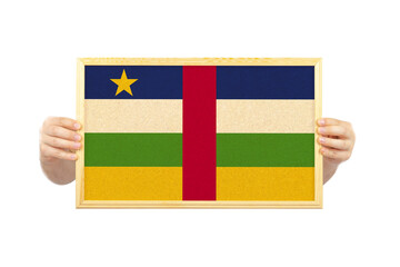 Hands holding a white frame with Central African R. flag, protest or social issues in Central 