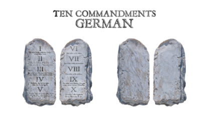 The Ten Commandments in GERMAN. Stone table with and without the commandments. Isolated transparent background PNG.