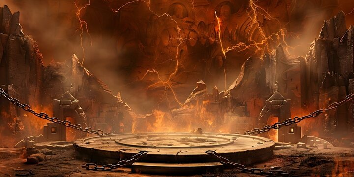Battle Arena Inferno: Stone Circle Platform and Metal Chains. Concept Fantasy, Battle Arena, Inferno, Stone Circle, Metal Chains