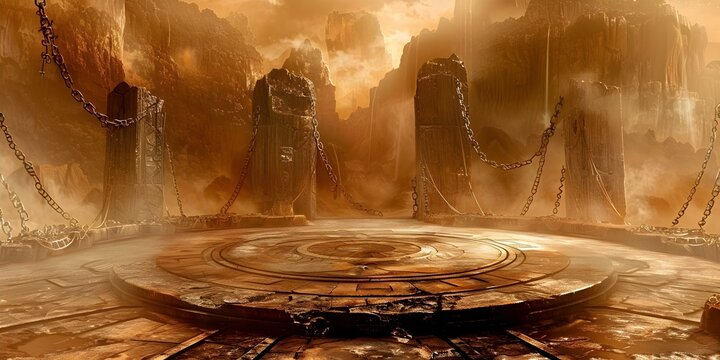 Infernal Arena: Stone Circle Platform and Metal Chains Battle Game. Concept Fantasy Battles, Arena Challenges, Stone Circles, Metal Chains, Infernal Setting