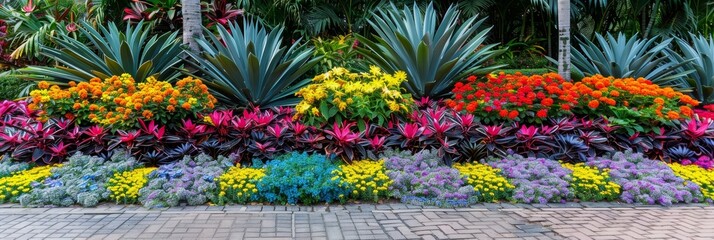 Exotic tropical oasis  lush palm trees, vibrant flowers, and wildlife create a perfect summer escape