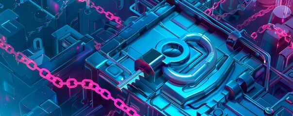 A digital illustration of a fortified digital ledger under lock and key, symbolizing blockchain security
