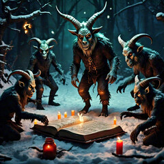 An army of horned humanoid demons reading a spellbook with candles in the snowy forest 