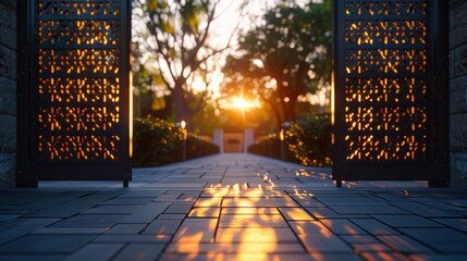 Black Gate with Artistic Designs Under the Sunset Sky