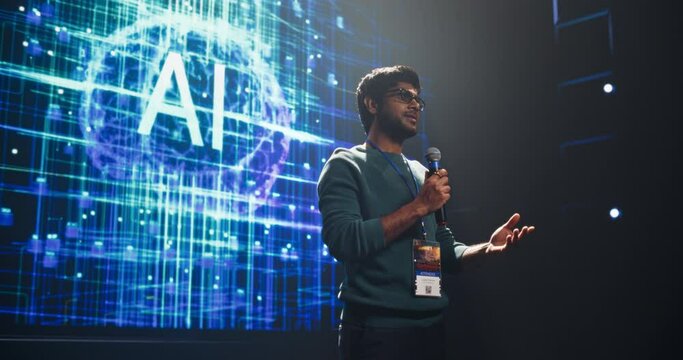 Portrait of an Indian Speaker Coaching Specialists During a Presentation at a Business and Technology Conference. Businessman Showing a Futuristic Tech Presentation About AI and LLM Systems