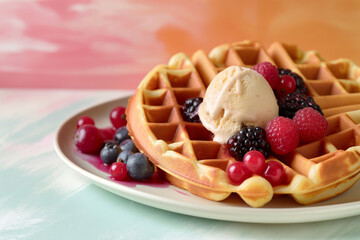 waffles with berries, A delectable plate adorned with tasty waffles, fresh berries, and a generous scoop of creamy ice-cream, set against a vibrant color background