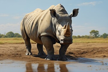 Powerful white rhinoceros stands near a water source under a clear blue sky - Powered by Adobe