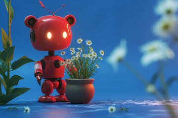 robot with plant, A little cute red robot with bear ears stands proudly against a serene blue background, holding a clay pot filled with chamomile flowers