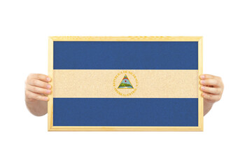 Hands holding a white frame with Nicaragua flag, protest or social issues in Nicaragua, celebration 