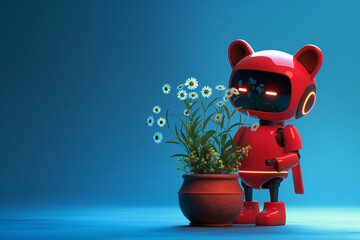 robot with plant, A little cute red robot with bear ears stands proudly against a serene blue background, holding a clay pot filled with chamomile flowers