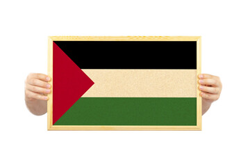 Hands holding a white frame with Palestine flag, two hands and frame, protest or social issues 