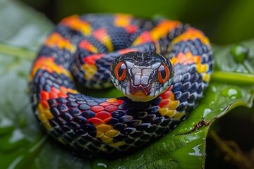 Fototapeta premium Mangrove Snake: Coiled among mangrove roots with vibrant red and black stripes, symbolizing habitat.