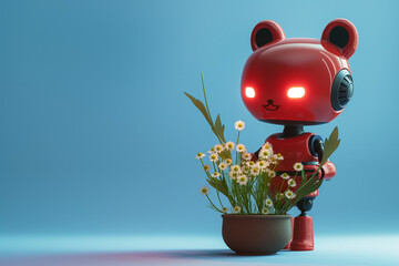 robot with plant, A little cute red robot with bear ears stands proudly against a serene blue background, holding a clay pot filled with chamomile flowers