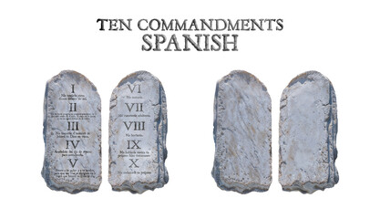 The Ten Commandments in SPANISH. Stone table with and without the commandments. Isolated transparent background PNG.
