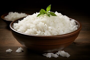 Close-up of a bowl full of fluffy steamed white rice garnished with fresh green basil leaves