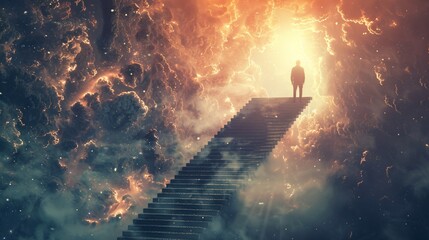 Conceptual image of a businessman walking up a stairway to heaven