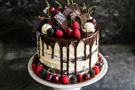 AI generated illustration of a cake decorated with berries