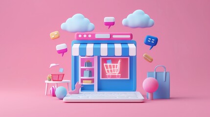 3D store with shopping cart on laptop in pink interior design