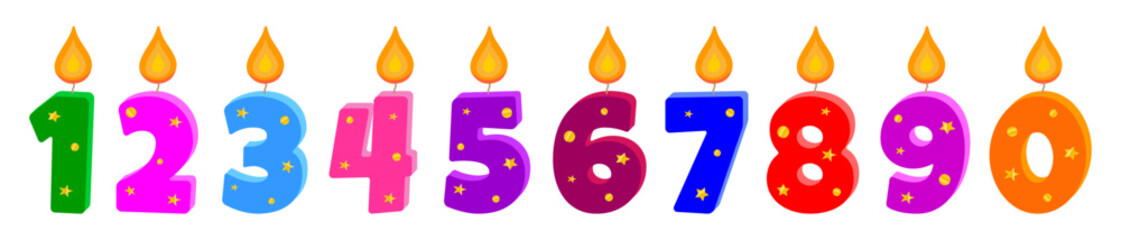 Set of colored candles for cake with gold confetti decor, vector. Burning candles numbers for a birthday isolated on a white background.