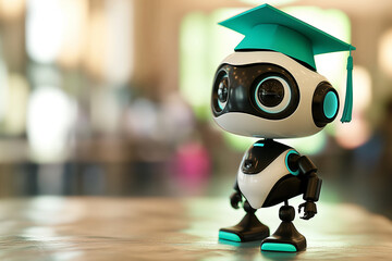 cute robot with graducation cap, A little cute robot stands proudly, wearing a turquoise graduation cap atop its head, its beautiful big eyes shining with excitement and determination