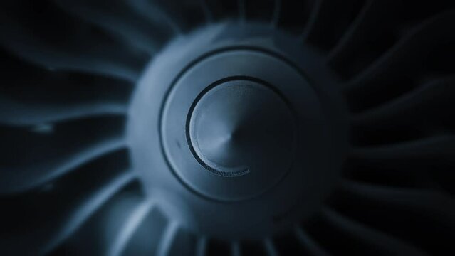 3D printed turbofan engine,close-up view engine blades. Technology and automation concepts.