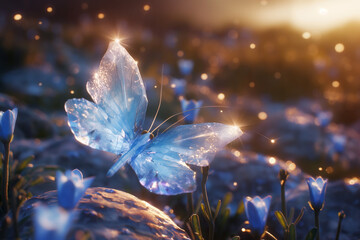 butterfly on a flower, A mesmerizing poster background unfolds before your eyes, where a blue crystal gem takes flight as a butterfly, soaring through a dreamlike landscape