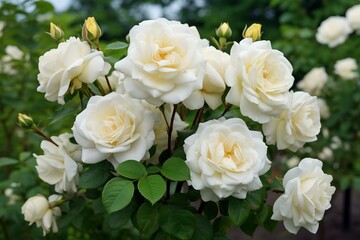 Close-up shot of lush white roses in full bloom, surrounded by green foliage © juliars