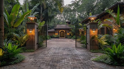 A Stylish Driveway Gate Framed by Twilight and Greenery