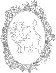 Lion in A Floral Frame Coloring Page. Printable Coloring Worksheet for Kids. Educational Resources for School and Preschool.
