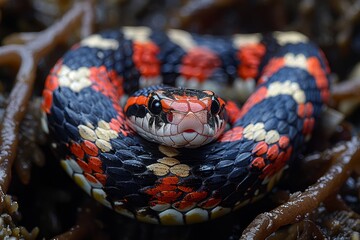 Mangrove Snake: Coiled among mangrove roots with vibrant red and black stripes, symbolizing habitat.