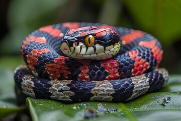 Fototapeta premium Mangrove Snake: Coiled among mangrove roots with vibrant red and black stripes, symbolizing habitat.