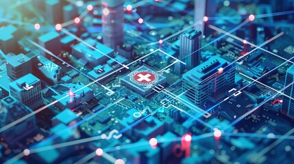 A dynamic image of a blockchain network overlaying a cityscape, connecting various healthcare facilities and emergency services