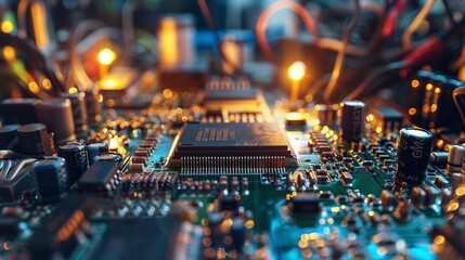 Obraz premium Detailed close-up view of a modern circuit board with various electronic components and intricate circuit pathways