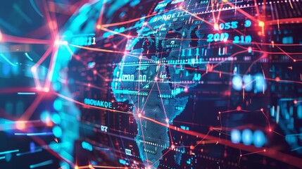 A dynamic image of blockchain nodes connecting around a digital globe, emphasizing international finance and trade