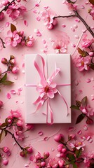 Beautiful flowers and gift boxes on color background
