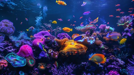 Underwater world. Tropical fishes swim near a beautiful coral reef in the deep blue ocean.