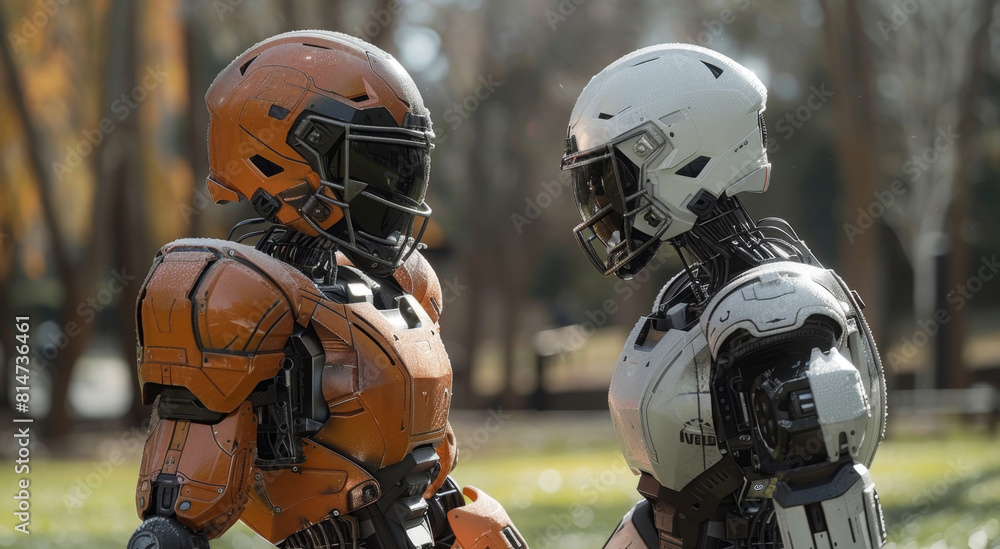 Aufkleber Two humanoid robots are positioned next to each other in a park, showcasing advanced technology and artificial intelligence.