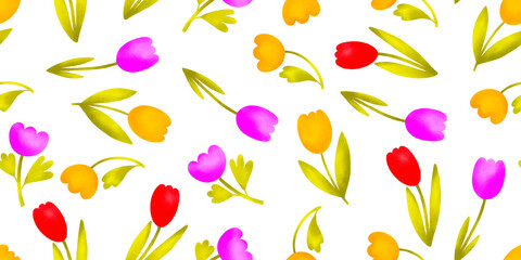 Seamless pattern with blooming spring flowers. Botanical background. Isolated pattern for print, textile, wrapping paper and nursery