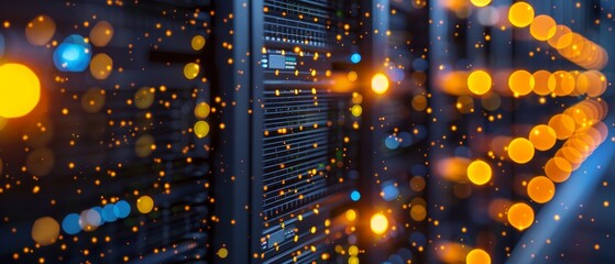 Closeup visualization of server LEDs in vibrant yellow, blinking rapidly as they process large volumes of digital data