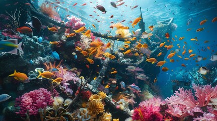 Underwater world full of life. Colorful fishes swim near beautiful coral reefs.