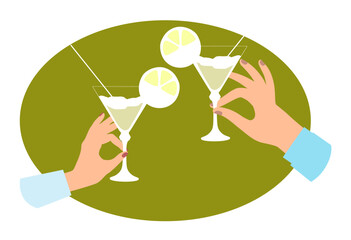 The hands of a man and a woman clink glasses with martini cocktails. Couple with elegant cocktails. Vintage engraving of stylized design. Vector illustration